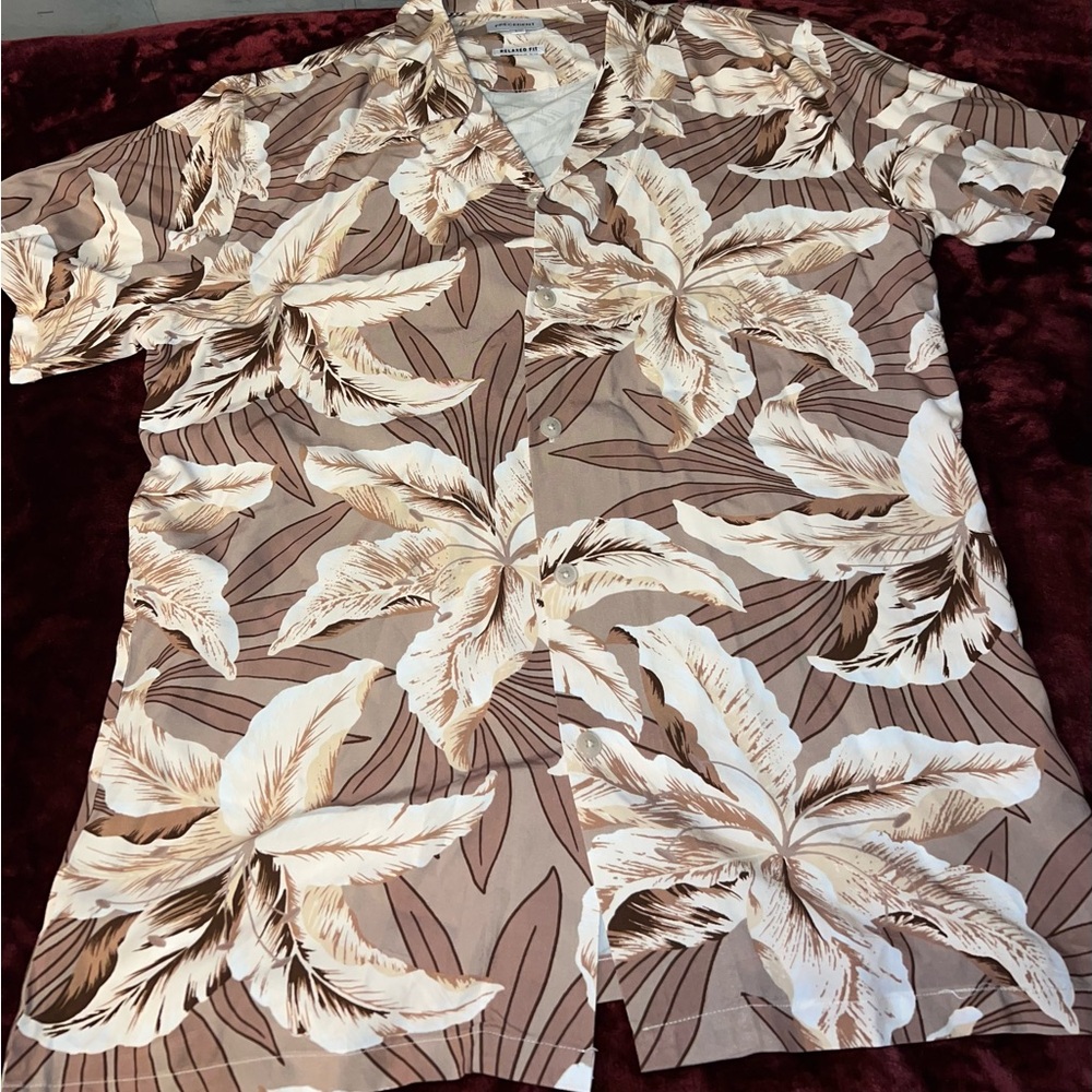 Men's Floral Button-Down Shirt - Brown and Cream